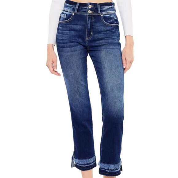 Kancan High Rise Ankle Straight Dark Sandblasted Frayed Hem Denim Jeans - Picture 1 of 9